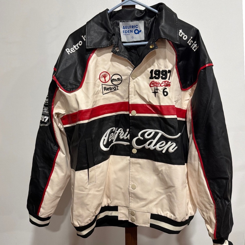 Aelfric Eden Mens Faux Leather Racing Jacket Black White Red Retro 1997 L